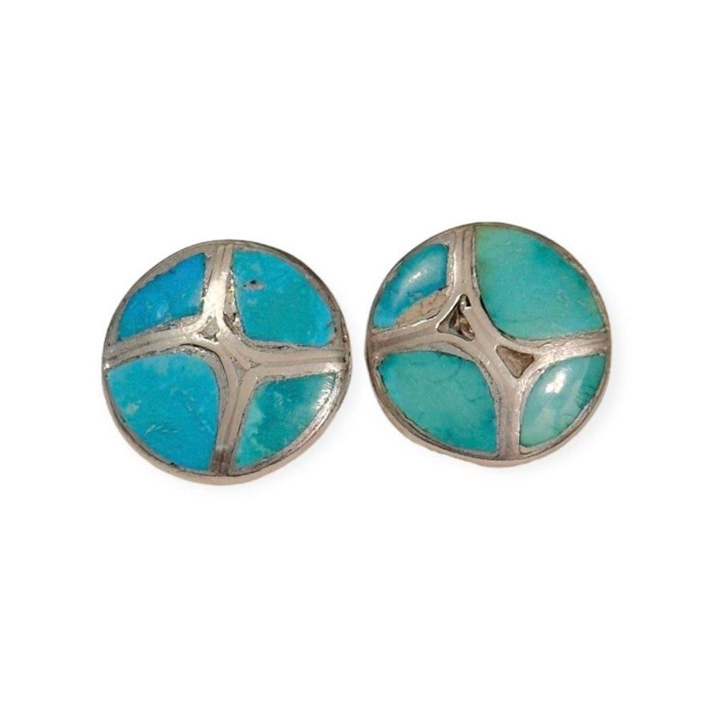 Vintage Zuni Sterling Silver Turquoise Inlay Earrings
